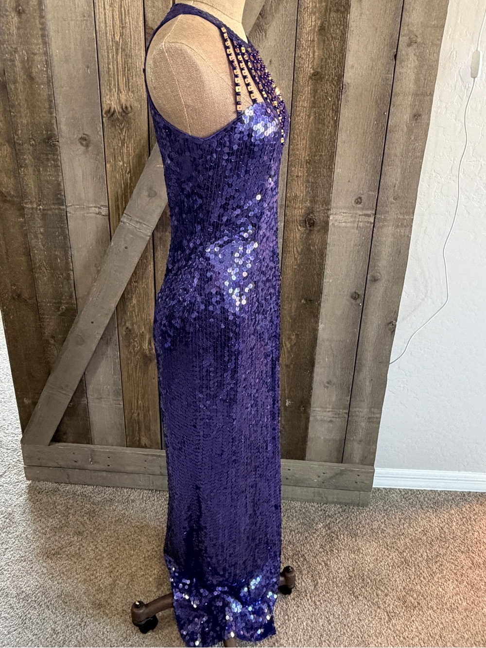 Vintage Niteline Sequin Gown Purple Blue Beaded Cage Neck Y2K Formal Glam Gala 6 - Picture 7 of 16